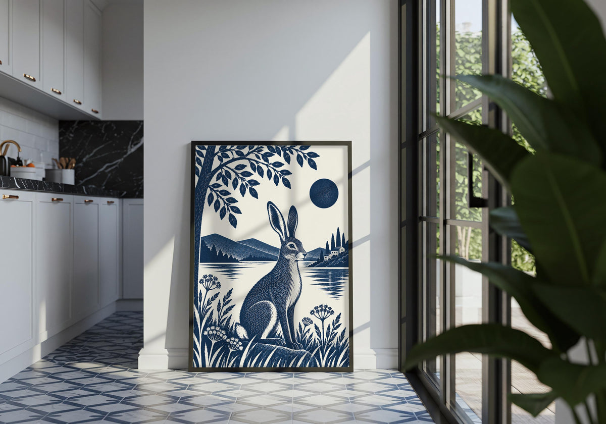 Blue Hare by the Lake appears inside a contemporary living room as blue farmhouse art for a lived-in decorating idea.
