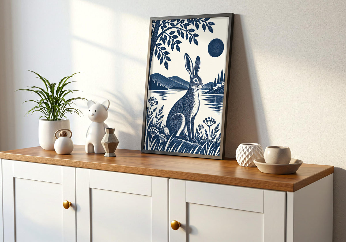 Rabbit Lover Gift mockup on a timber console, with a navy hare sitting in a lakeside meadow beneath leafy branches, with mountains and a dark blue moon in the distance.