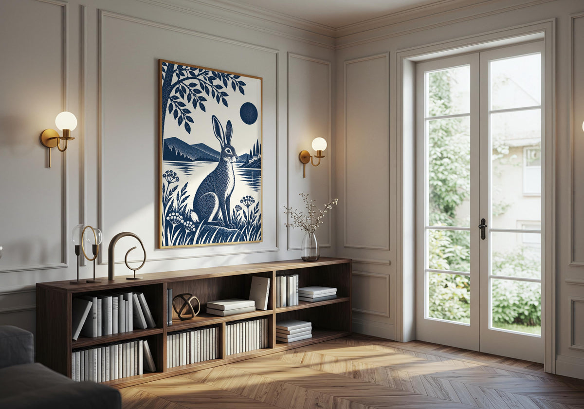 Interior photograph of Blue Hare by the Lake within a leafy living room, styled for a meadow hare decor look.