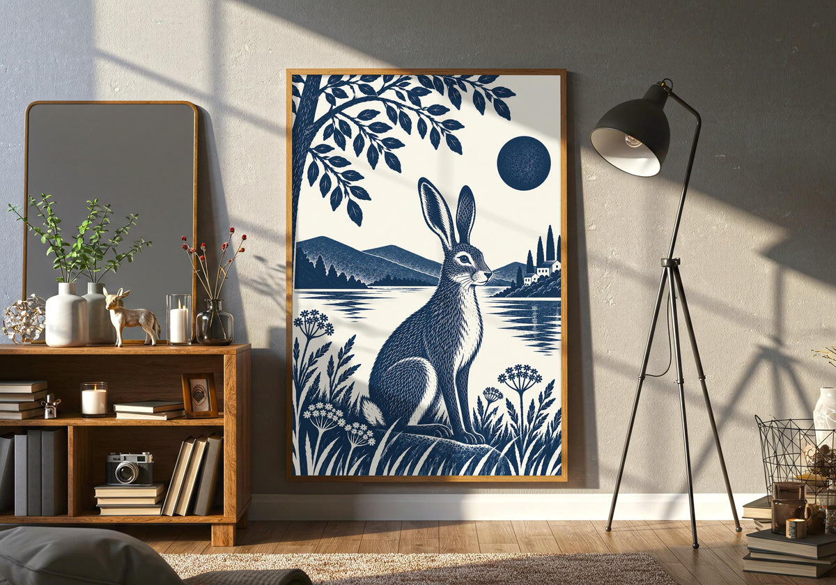 A closer lifestyle view beside a neutral sofa highlights a navy hare sitting in a lakeside meadow beneath leafy branches, with mountains and a dark blue moon in the distance as navy nature poster.