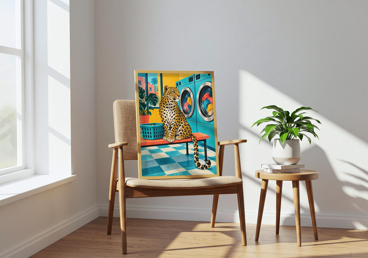 Room inspiration for retro animal print: the Leopard at the Laundrette physical print displayed on a wooden chair.
