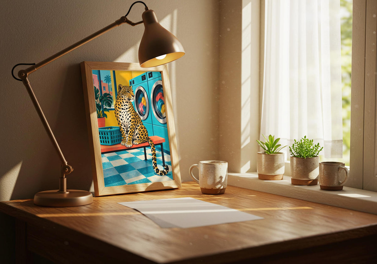 Funny Laundry Art mockup on a desk beside a reading lamp, with a spotted leopard sitting on a stool in a turquoise retro laundrette beside colourful washing machines and a green laundry basket.