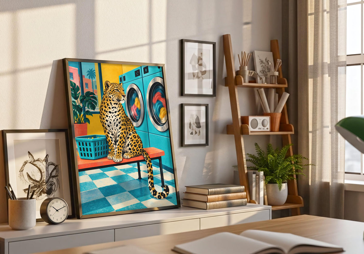 A spotted leopard sitting on a stool in a turquoise retro laundrette beside colourful washing machines and a green laundry basket becomes the focal point of this laundry room decor setting in a natural frame among plants.