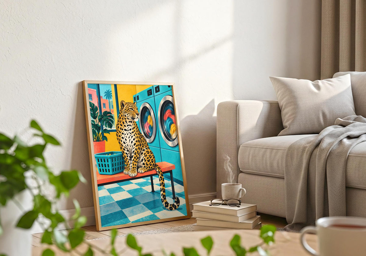 Interior photograph of Leopard at the Laundrette in a white frame beside a sofa, styled for a maximalist wall art look.