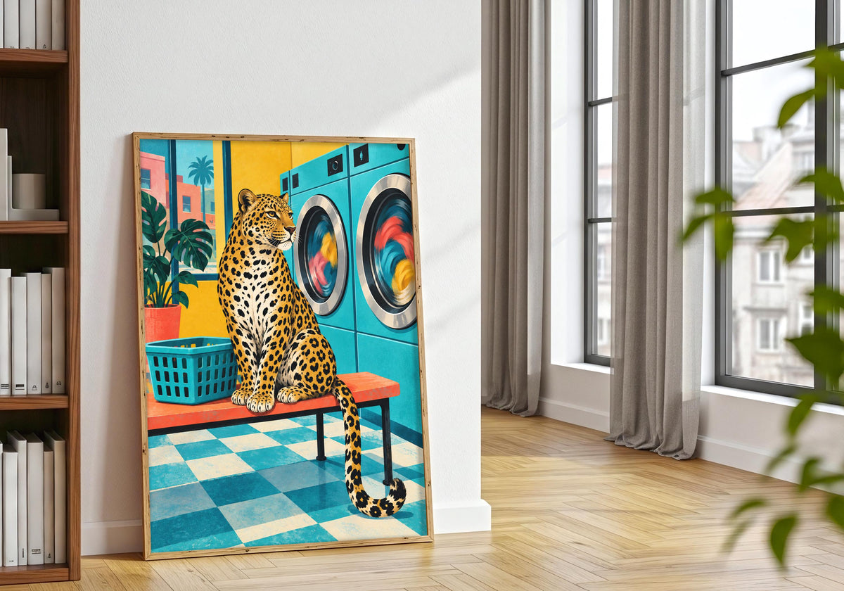 Portrait quirky cat poster near tall windows and houseplants, showing the full composition and printed detail.