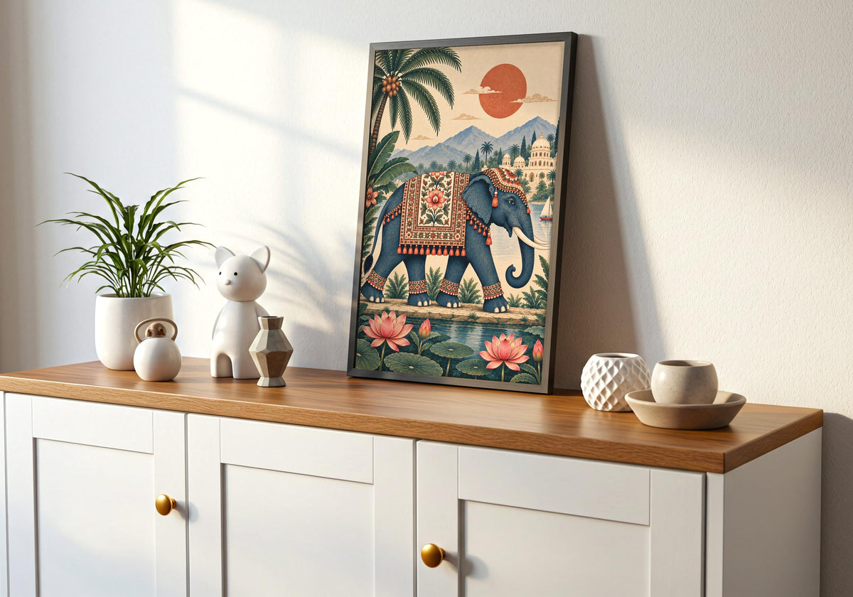 Lotus Pond Poster mockup on a timber console, with a decorated Indian elephant walking beside pink lotus flowers with a palace, palm trees, mountains and a coral sun behind.