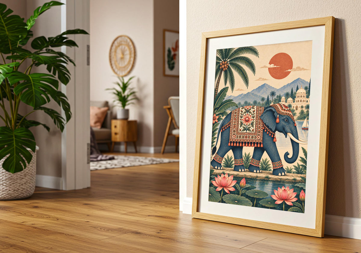 Portrait tropical palace art in a natural frame on a console, showing the full composition and printed detail.