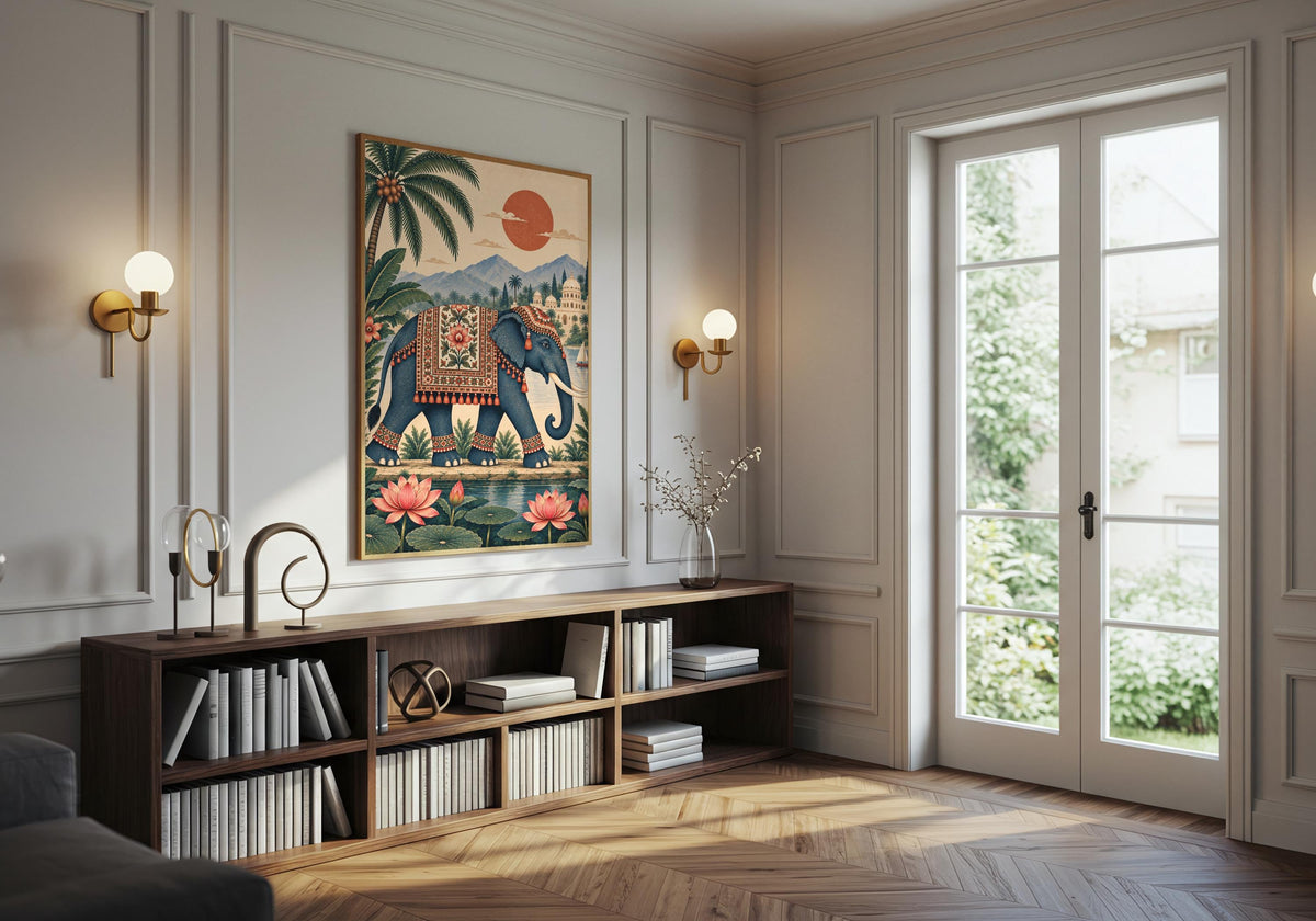Interior photograph of Palace Elephant and Lotus Pond within a leafy living room, styled for a colourful animal art look.