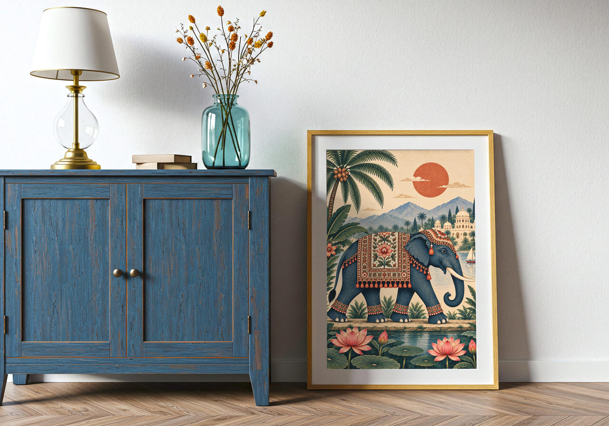 Room inspiration for elephant lover gift: the Palace Elephant and Lotus Pond physical print inside a calm home office.