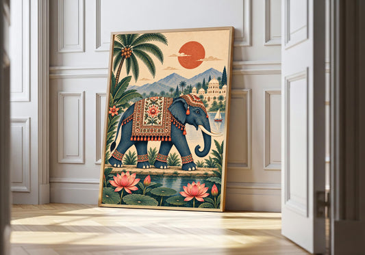 Palace Elephant and Lotus Pond indian elephant art in a light natural-wood hero frame, featuring a decorated Indian elephant walking beside pink lotus flowers with a palace, palm trees, mountains and a coral sun behind.