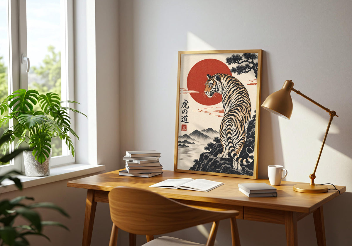 Tiger Wall Print mockup in a bright sideboard setting, with a striped tiger climbing a rocky mountain path beneath a red sun, windswept pine and Japanese-style calligraphy.