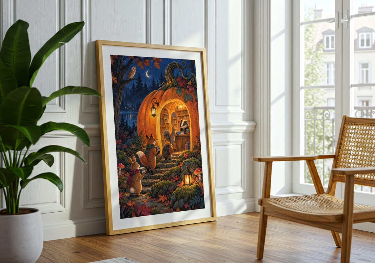 Woodland animals returning books to a glowing pumpkin library fills the framed Pumpkin Library Returns I, shown here in a living space with green houseplants.