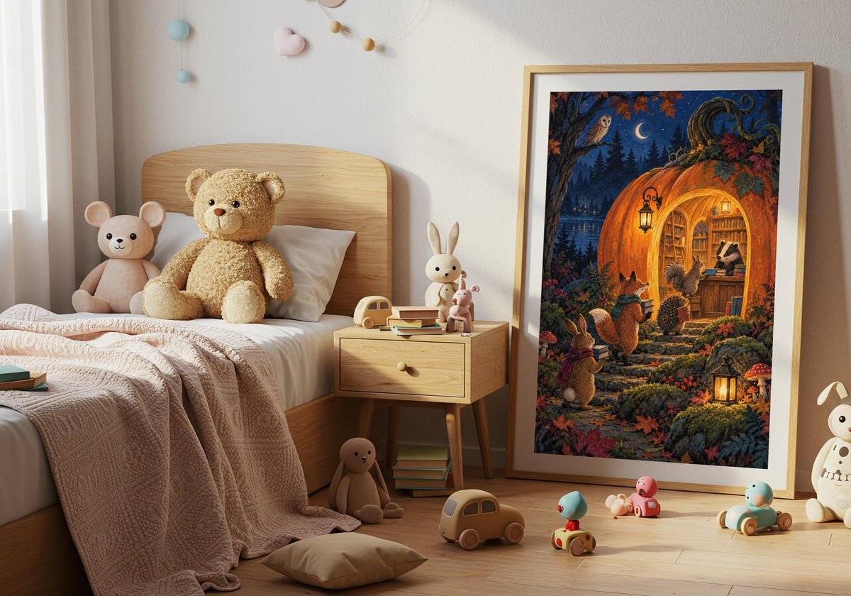 Woodland animals returning books to a glowing pumpkin library appears in Pumpkin Library Returns I, photographed in a child's bedroom.