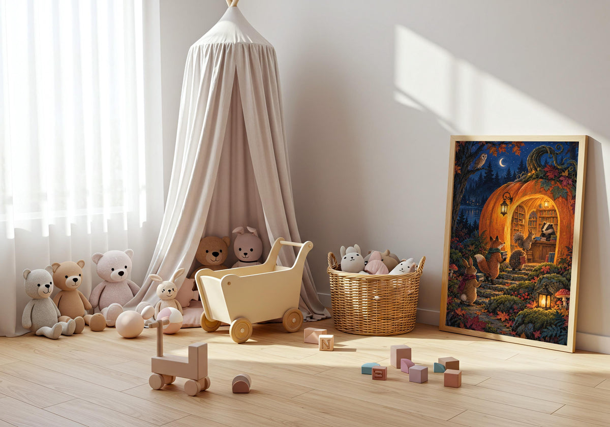 Woodland animals returning books to a glowing pumpkin library remains easy to see while Pumpkin Library Returns I hangs in a colourful playroom.