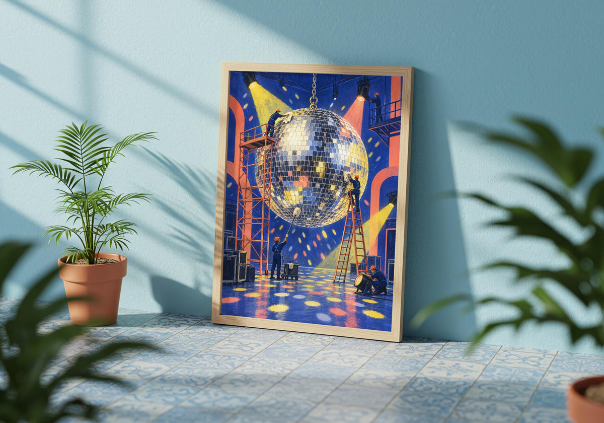 The quirky music room poster is styled above furniture in a bright contemporary room.