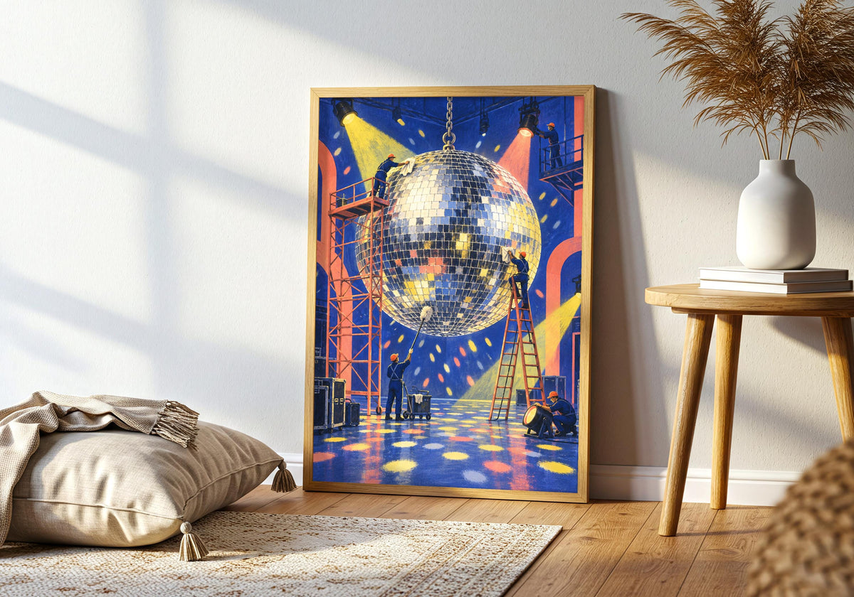 Close lifestyle view of the disco ball wall art in a contrasting frame.