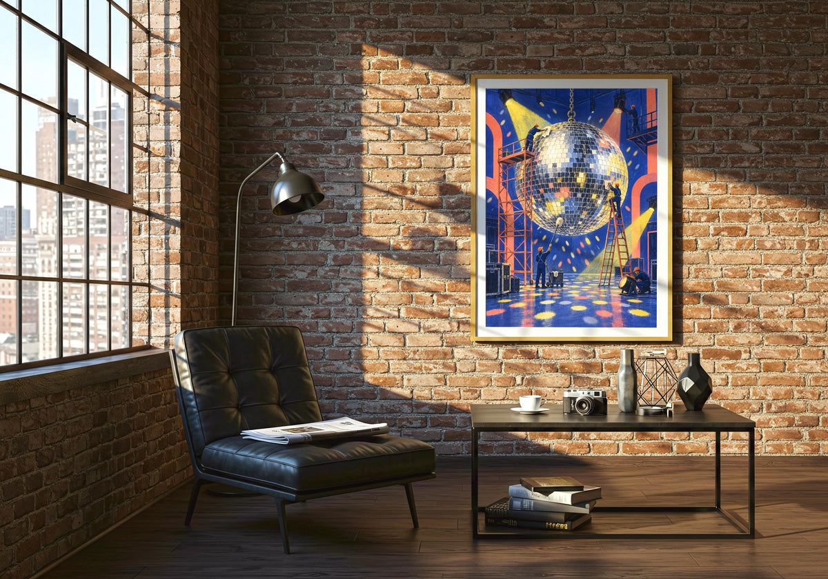 Wide room angle with the portrait-format Tiny Disco Maintenance Crew artwork clearly visible.