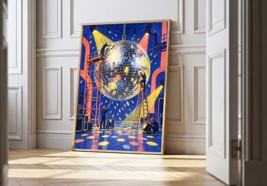 Tiny Disco Maintenance Crew art print showing miniature workers polishing a monumental disco ball in the light wood hero frame.