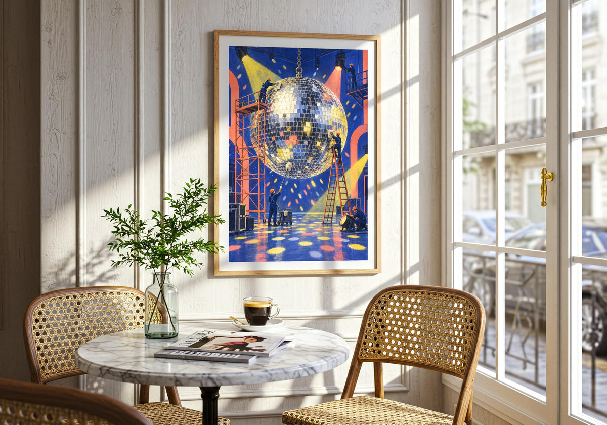Gallery-style room scene centred on the distinctive Tiny Disco Maintenance Crew illustration.