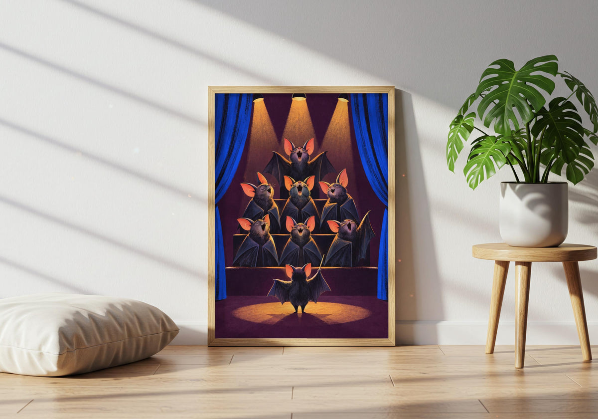 Green houseplants bring out the colour in this Bat Choir Warm-Up wall print.