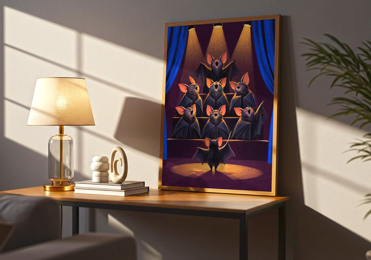 Gallery-style room scene centred on the distinctive Bat Choir Warm-Up illustration.