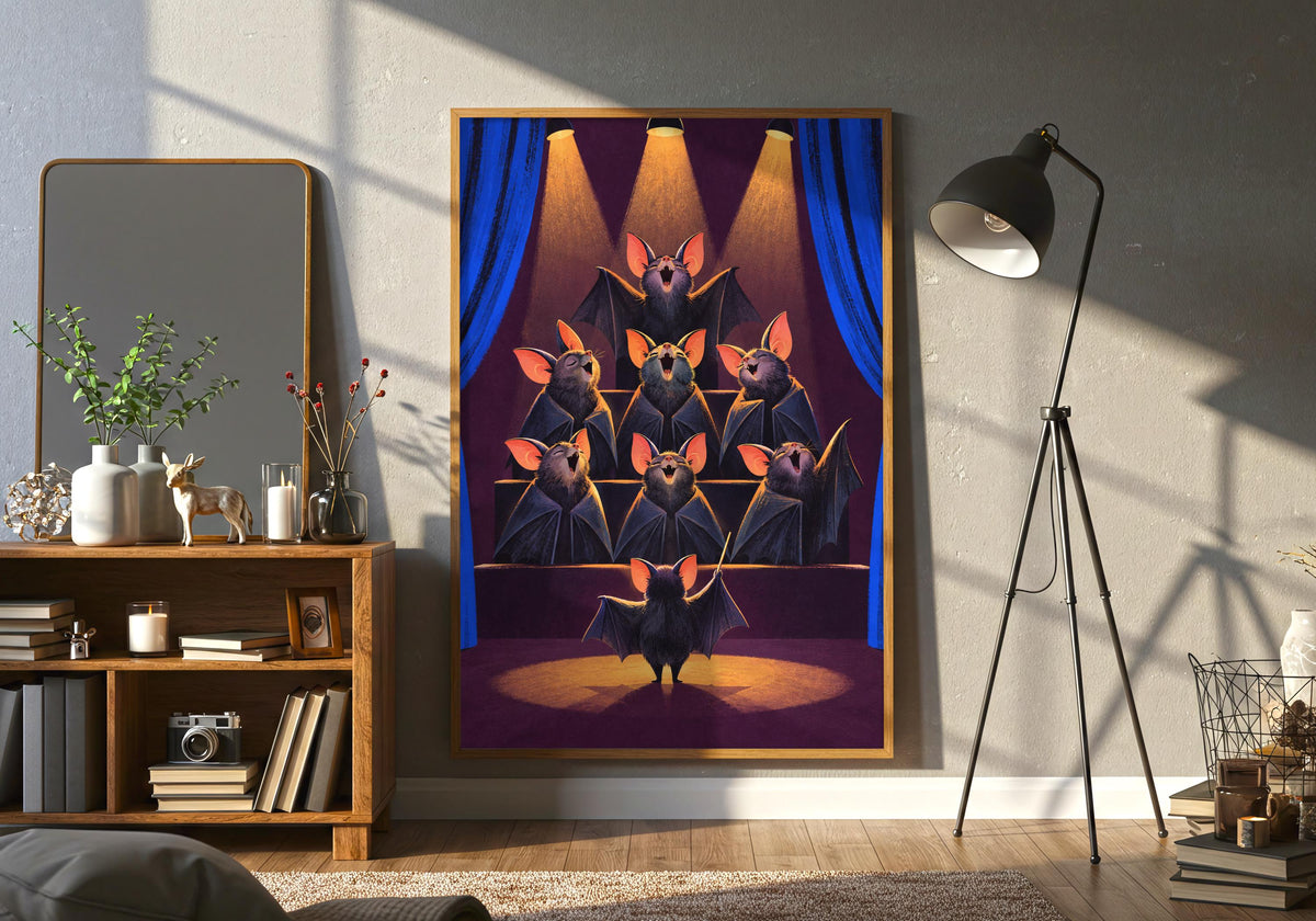 Close lifestyle view of the bat choir wall art in a contrasting frame.