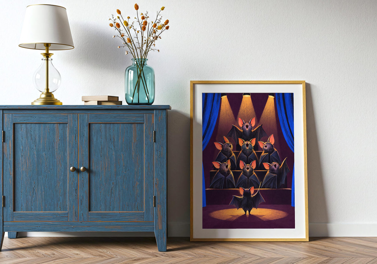 A modern interior displays the Bat Choir Warm-Up poster with its aubergine, cobalt, coral and amber palette.