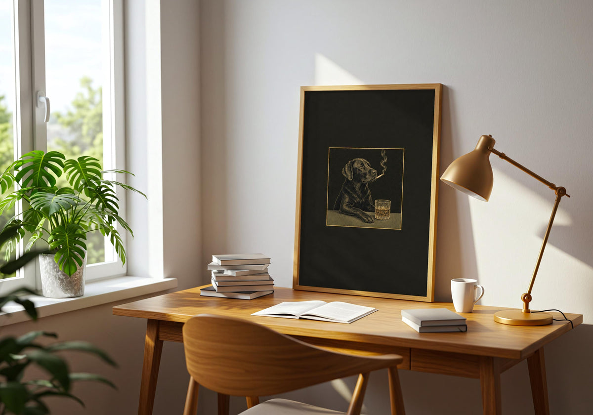 Framed wall view featuring a deadpan black Labrador with a cigar and whisky tumbler as the room's main focal point.
