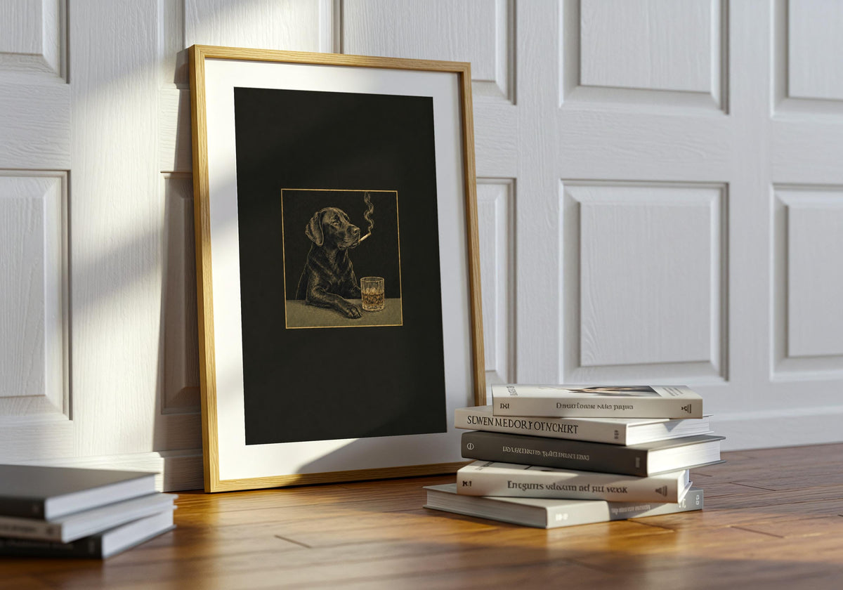 Green houseplants bring out the colour in this Labrador Cigar Club wall print.