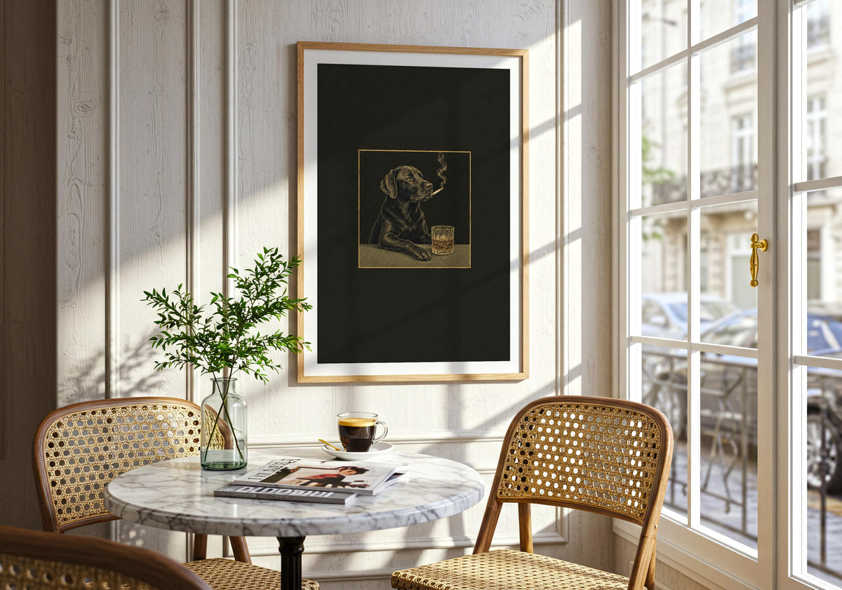 Gallery-style room scene centred on the distinctive Labrador Cigar Club illustration.