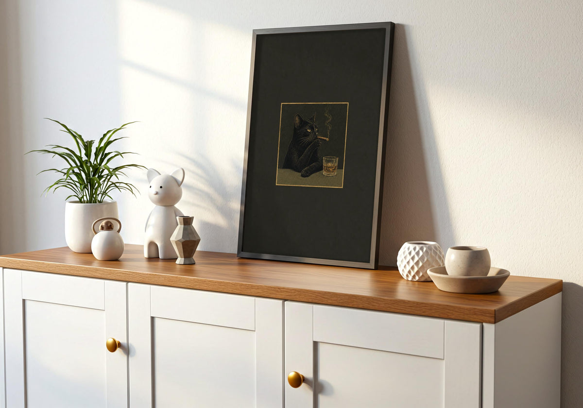 Framed wall view featuring a black cat holding a cigar beside a cut-glass whisky tumbler as the room's main focal point.