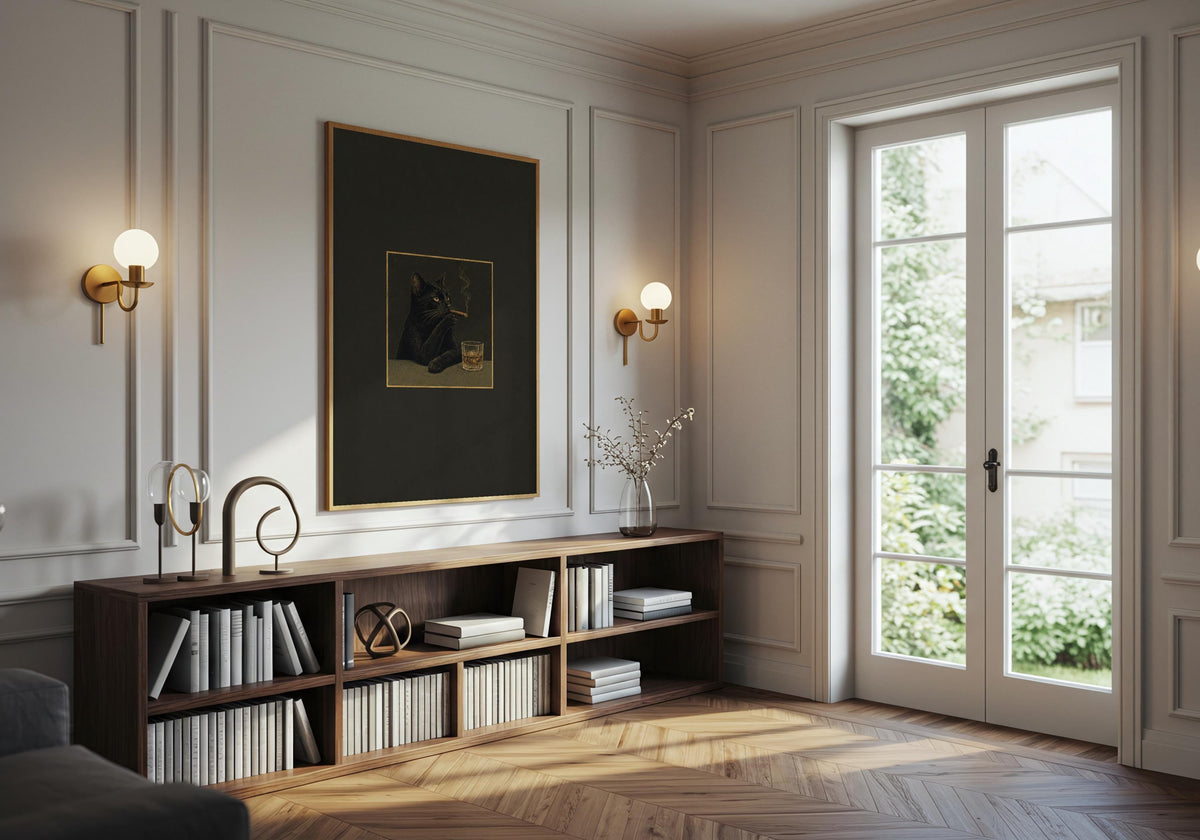 The dark humour cat wall art is styled above furniture in a bright contemporary room.