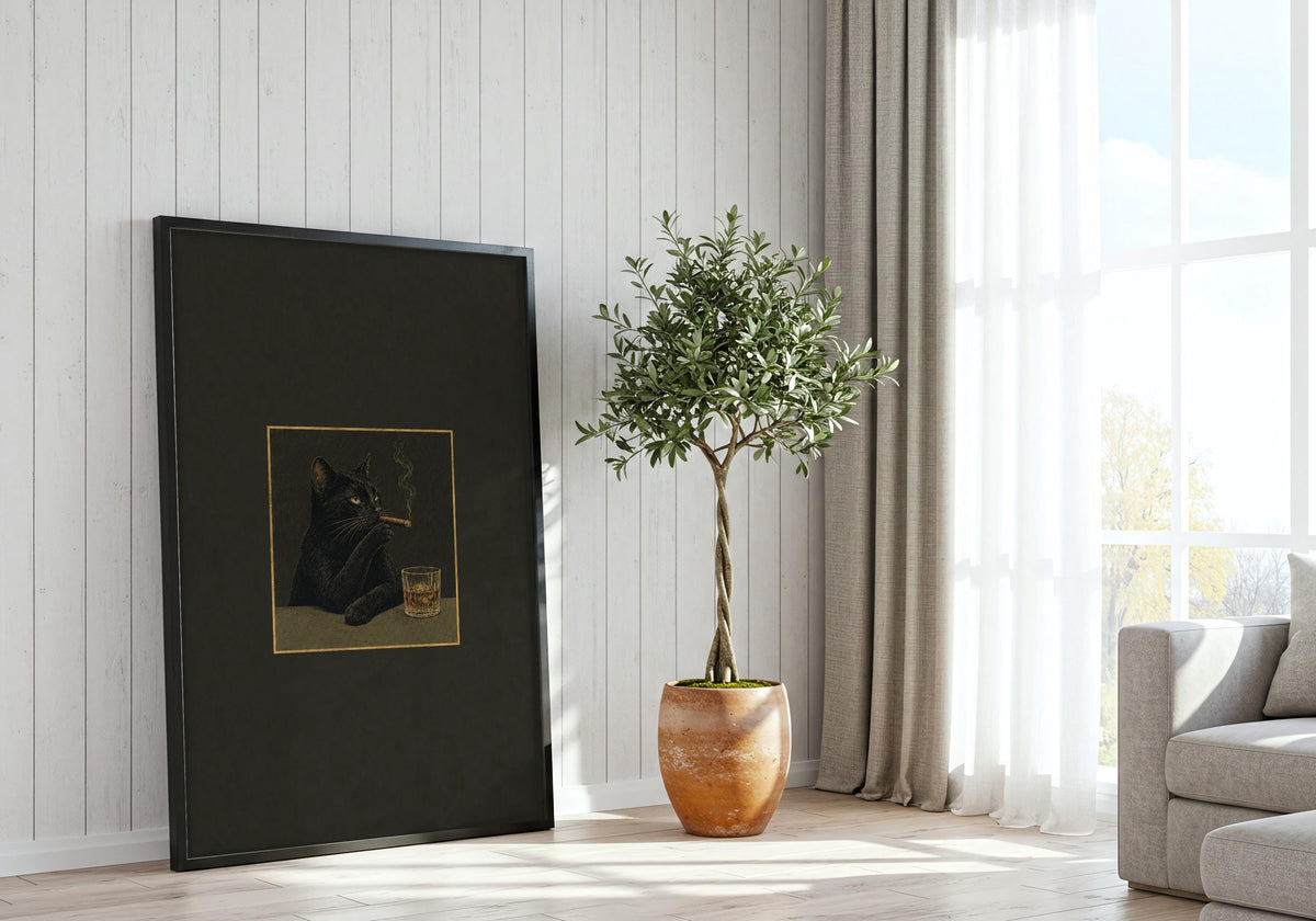 A modern interior displays the Black Cat Cigar Club I poster with its charcoal black, antique gold and muted olive palette.