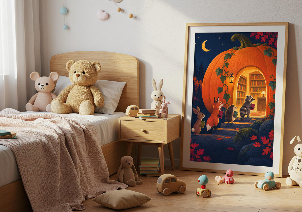 Pumpkin Library Returns II brings its midnight blue, bright orange, moss and red palette into a child's bedroom; the portrait design remains fully visible.