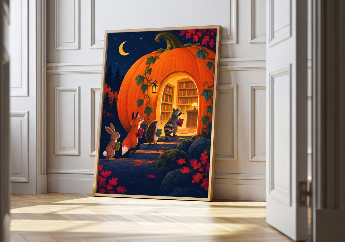 Four woodland friends climbing towards a giant pumpkin library appears in Pumpkin Library Returns II, photographed in a light natural-wood frame.