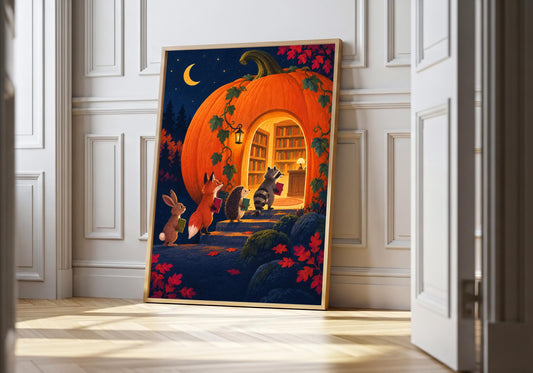 Four woodland friends climbing towards a giant pumpkin library appears in Pumpkin Library Returns II, photographed in a light natural-wood frame.