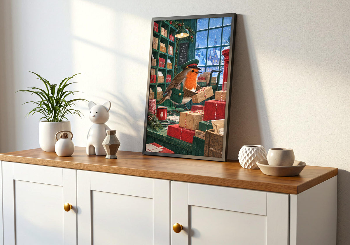 Robin Runs the Post Room Print - Robin Christmas Print, Quirky Animal Wall Art