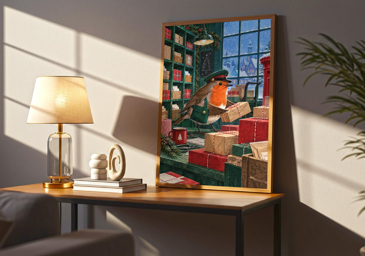 A red-breasted robin sorting parcels in a busy winter post room can be viewed clearly in this photograph of Robin Runs the Post Room in a room with the print hung above a sideboard.