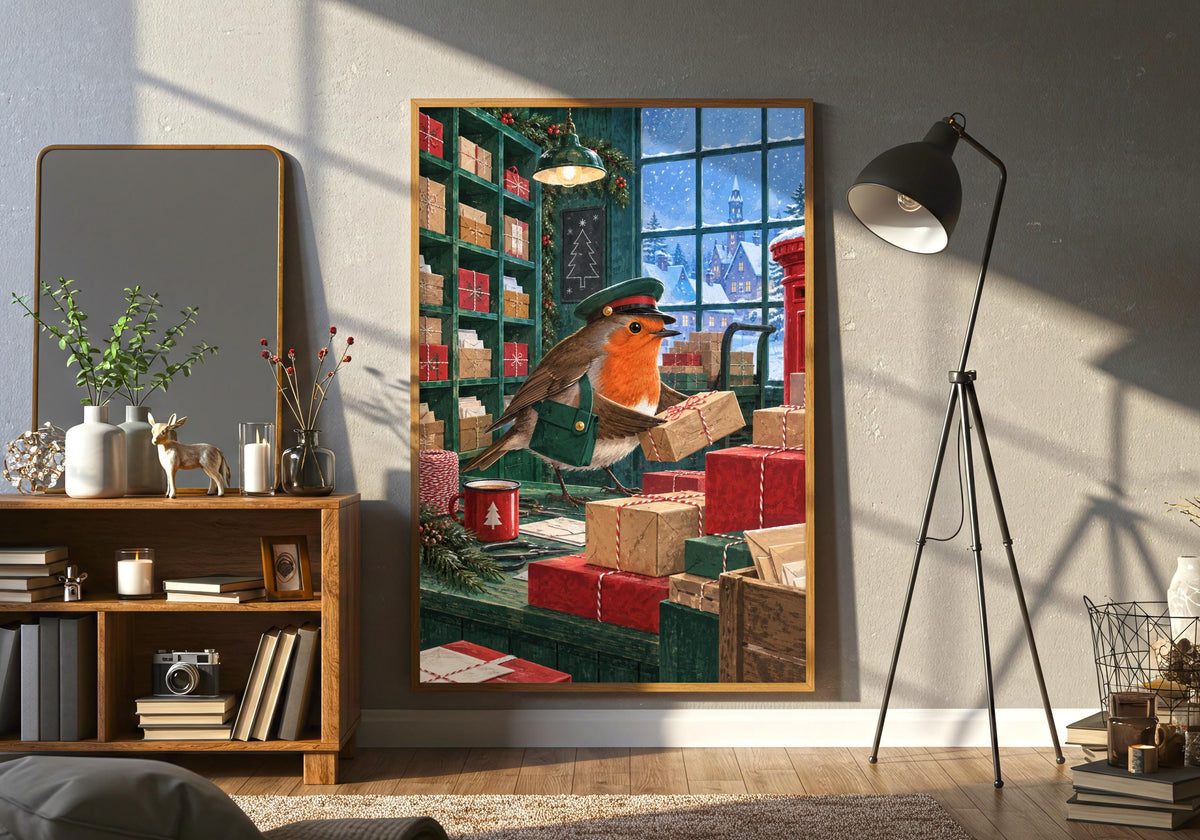 Robin Runs the Post Room shows its full postbox red, pine green, sky blue and kraft brown colour range while displayed in a close view above a sofa.