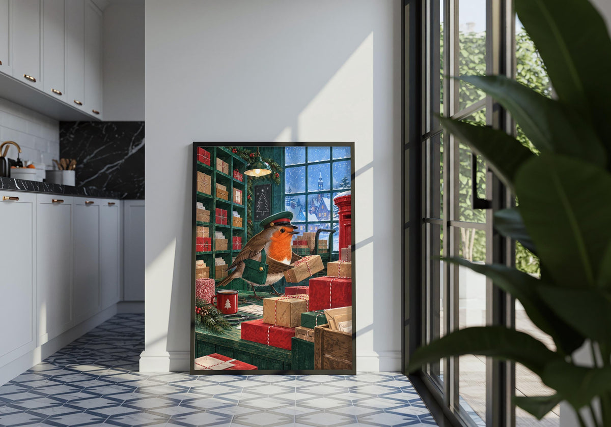Robin Runs the Post Room adds postbox red, pine green, sky blue and kraft brown tones to a contemporary living room, with the artwork shown without cropping.