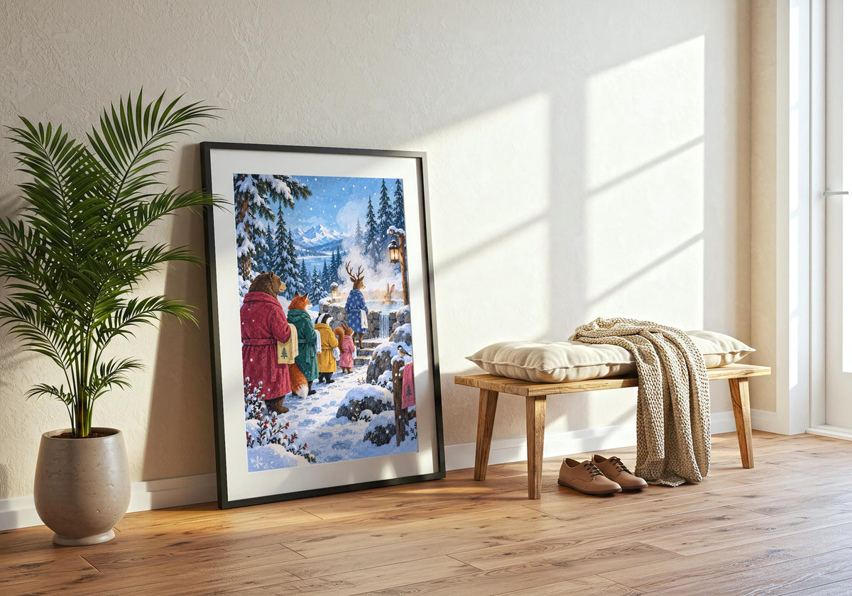 Snow Day Bath Queue is seen from a different angle in a black frame beside a green plant, retaining clear portrait proportions.