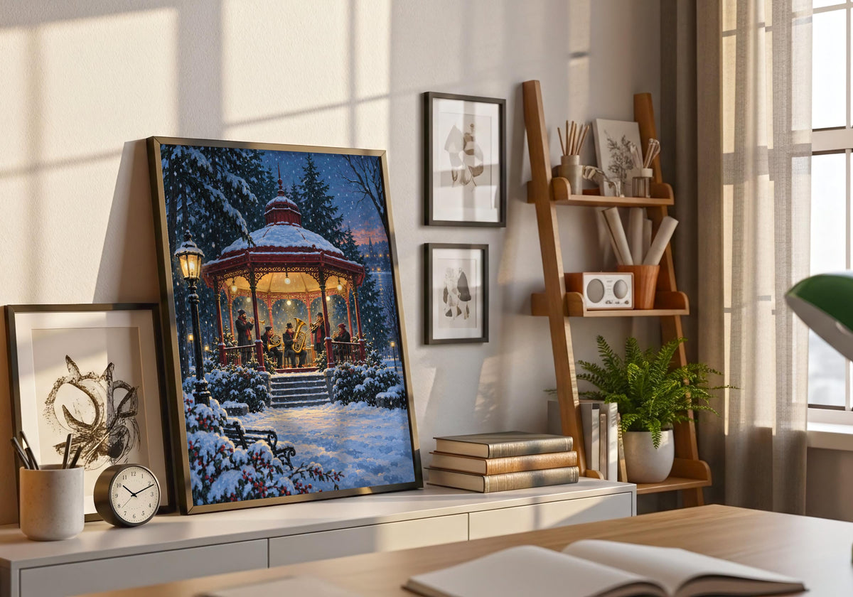 Winter Brass Band Kiosk adds pine green, oxblood, brass yellow and icy blue tones to a natural-wood frame with greenery nearby, with the artwork shown without cropping.