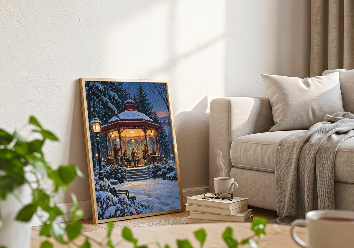A brass band performing inside a glowing snowy park kiosk can be viewed clearly in this photograph of Winter Brass Band Kiosk in a white frame in a bright room.