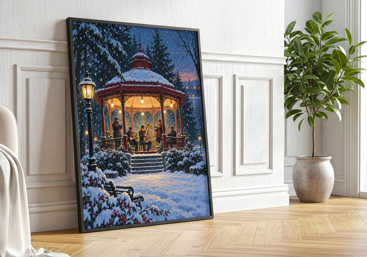 A brass band performing inside a glowing snowy park kiosk forms the centre of Winter Brass Band Kiosk as it appears in a black frame surrounded by green foliage.