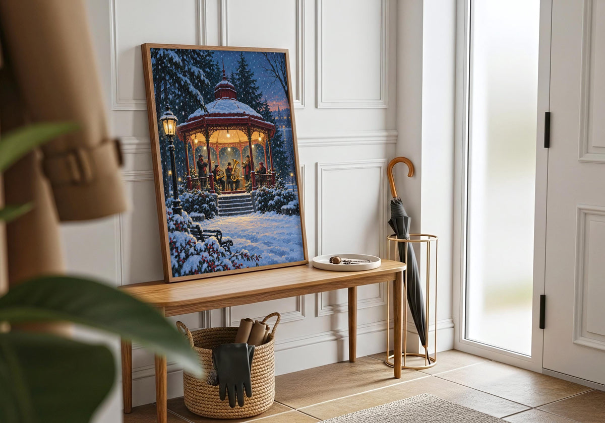 Winter Brass Band Kiosk brings its pine green, oxblood, brass yellow and icy blue palette into a wide room view with a white frame; the portrait design remains fully visible.