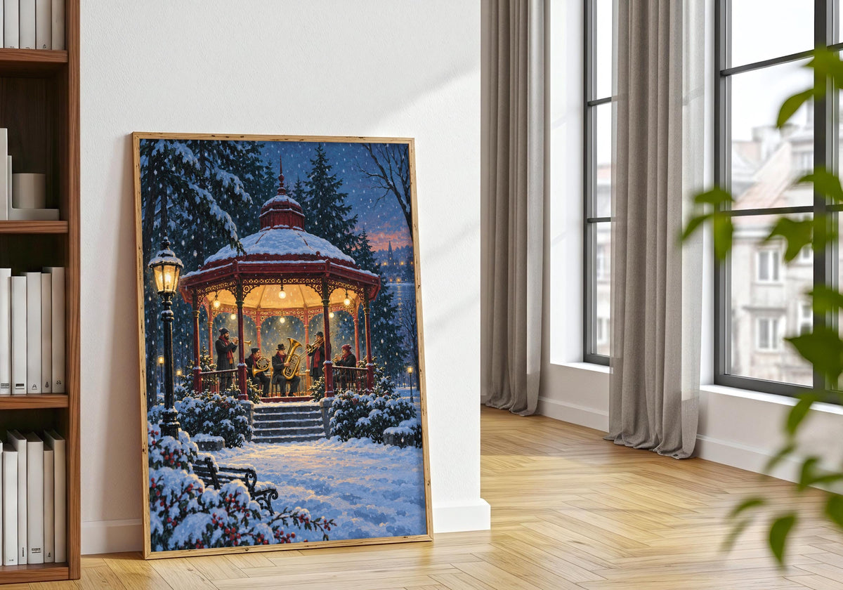 Winter Brass Band Kiosk, displayed in a natural frame beside houseplants, depicts a brass band performing inside a glowing snowy park kiosk.