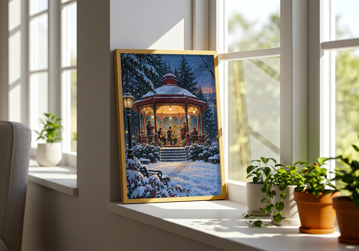 A brass band performing inside a glowing snowy park kiosk appears in Winter Brass Band Kiosk, photographed in a plant-filled room.