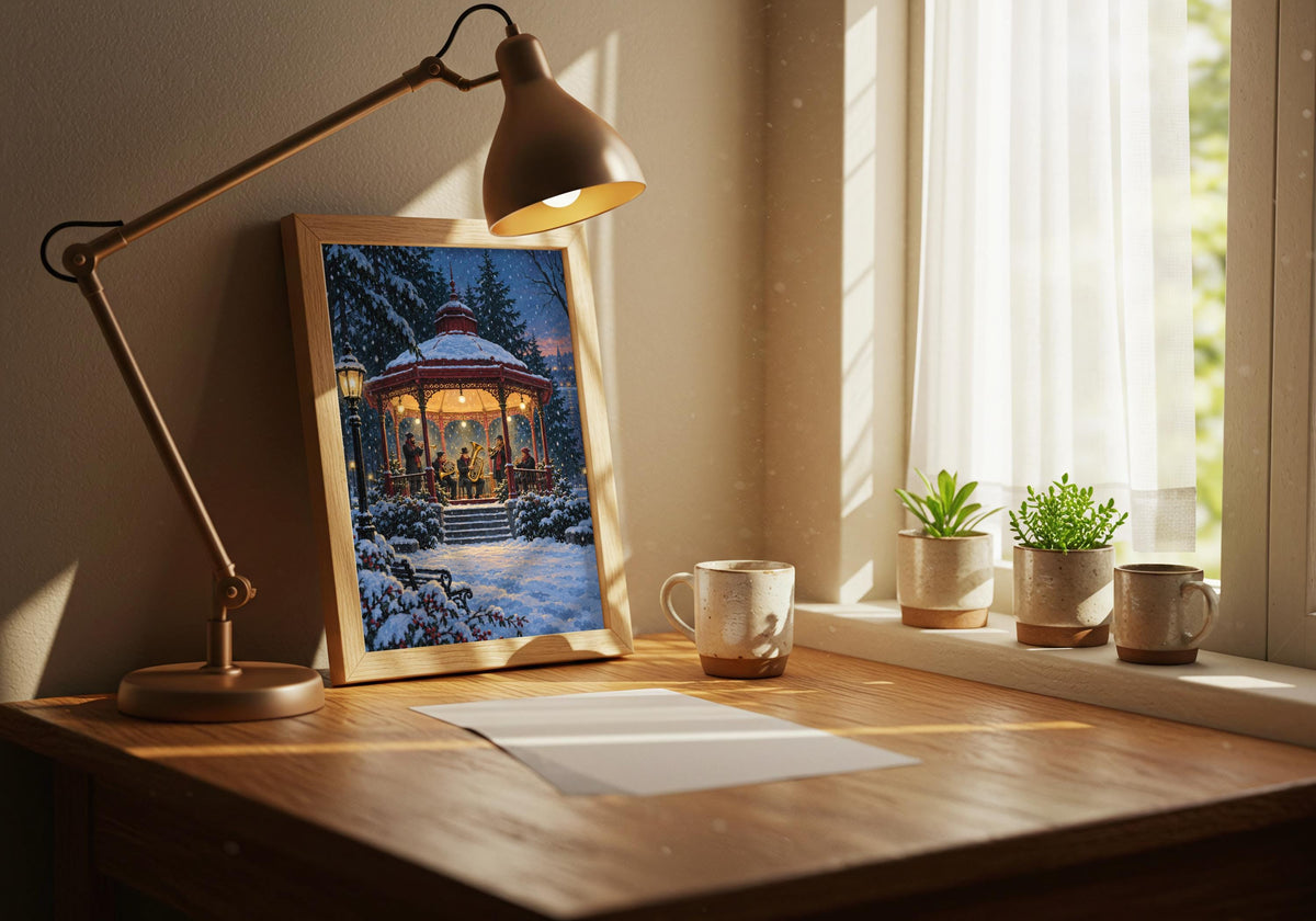 A brass band performing inside a glowing snowy park kiosk fills the framed Winter Brass Band Kiosk, shown here in a record-listening corner.