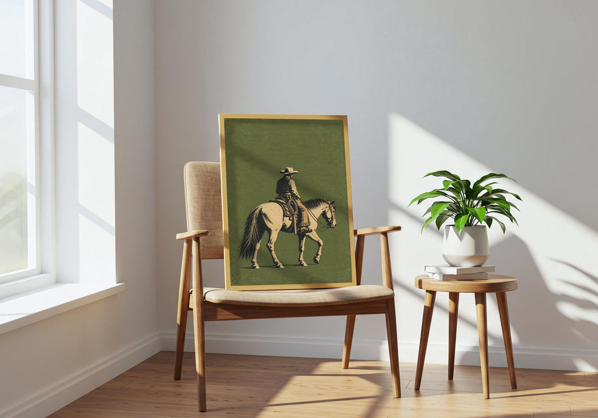 Seen above the room furniture, the portrait-format Vintage Cowboy on Horseback print adds a distinct vertical accent.