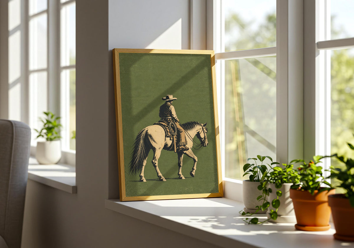 Vintage Cowboy on Horseback print in a light wood hero frame, showing a lone cowboy riding a pale horse against a textured sage-green field.